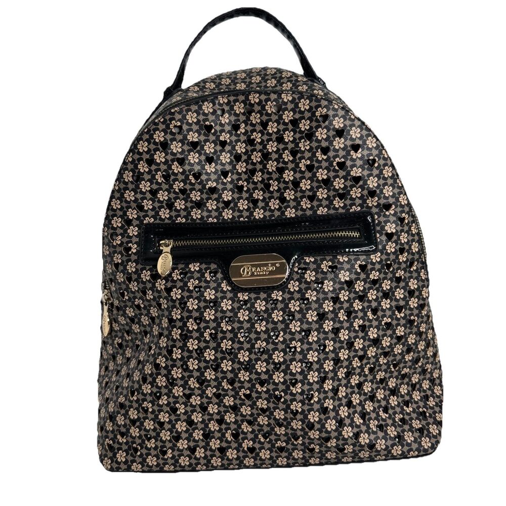 Brangio Italy Back Pack Black and Taupe Flowers Shimmer Patent Leather Feet